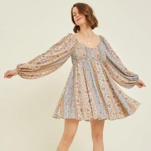 Heyson Floral Sweetheart Smocked Mini Dress Women's M Multicolor Long Sl…